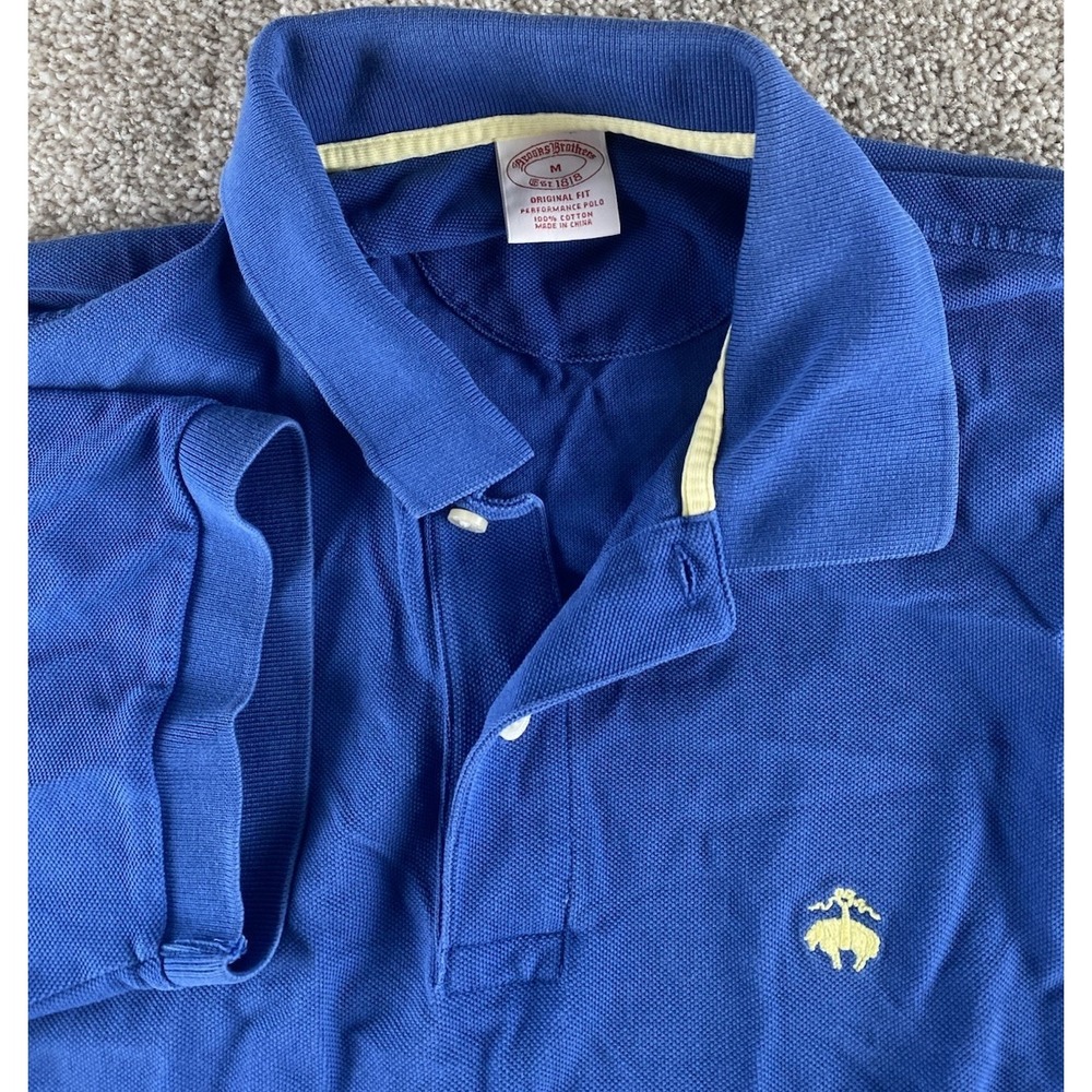 Brooks Brothers Original Performance Polo Cotton Solid Blue Mens M Yellow Lamb